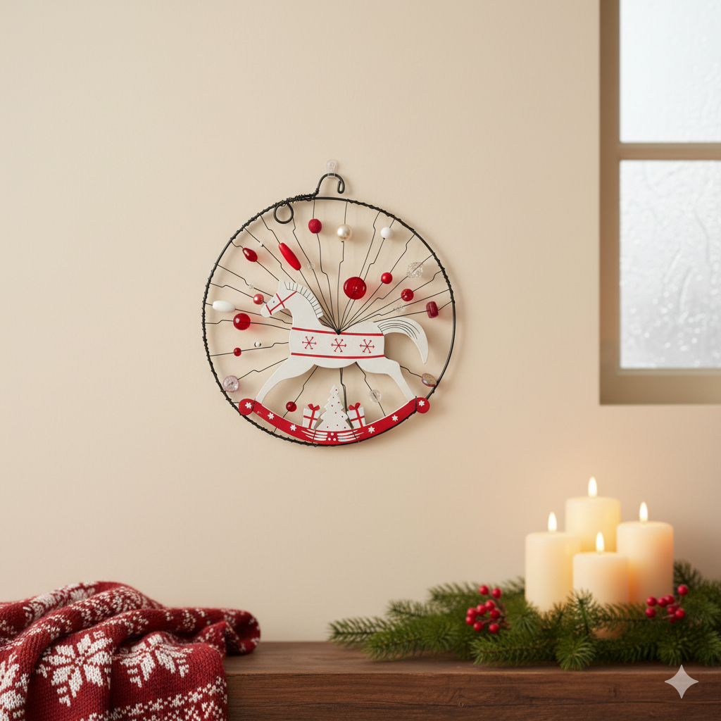 Vánoční koník v drátovaném kolečků v červeno-bílé kombinaci