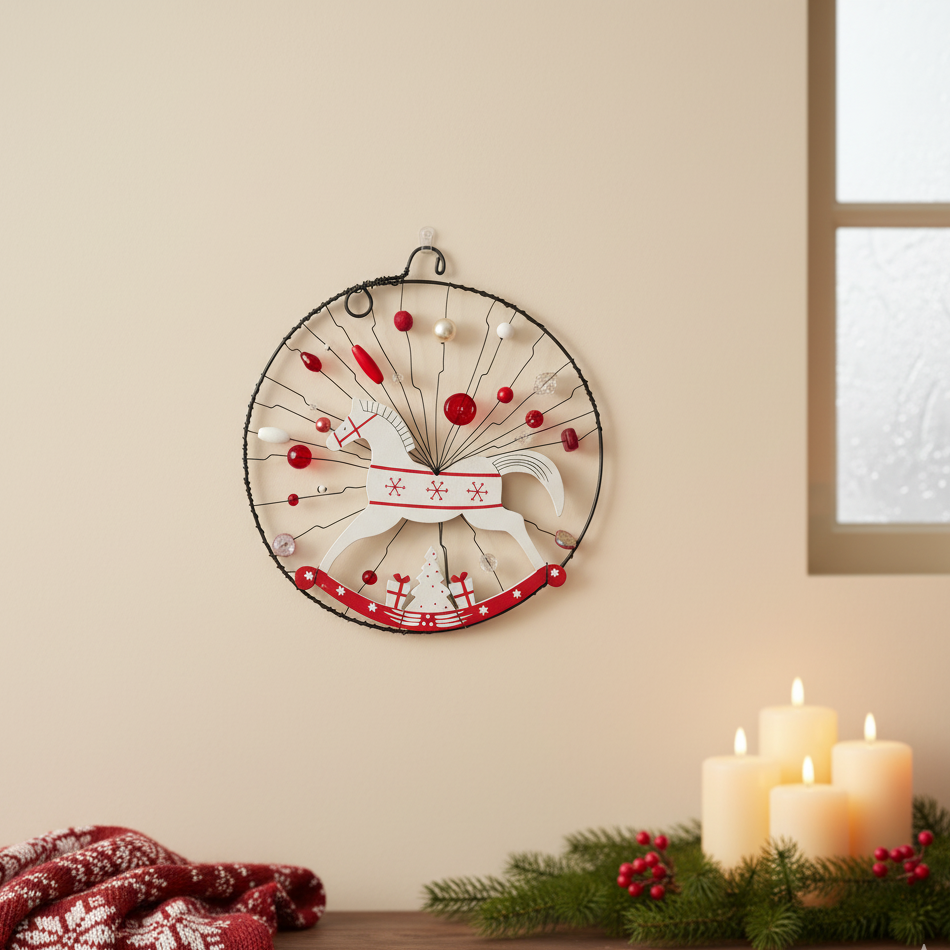 Vánoční koník v drátovaném kolečků v červeno-bílé kombinaci