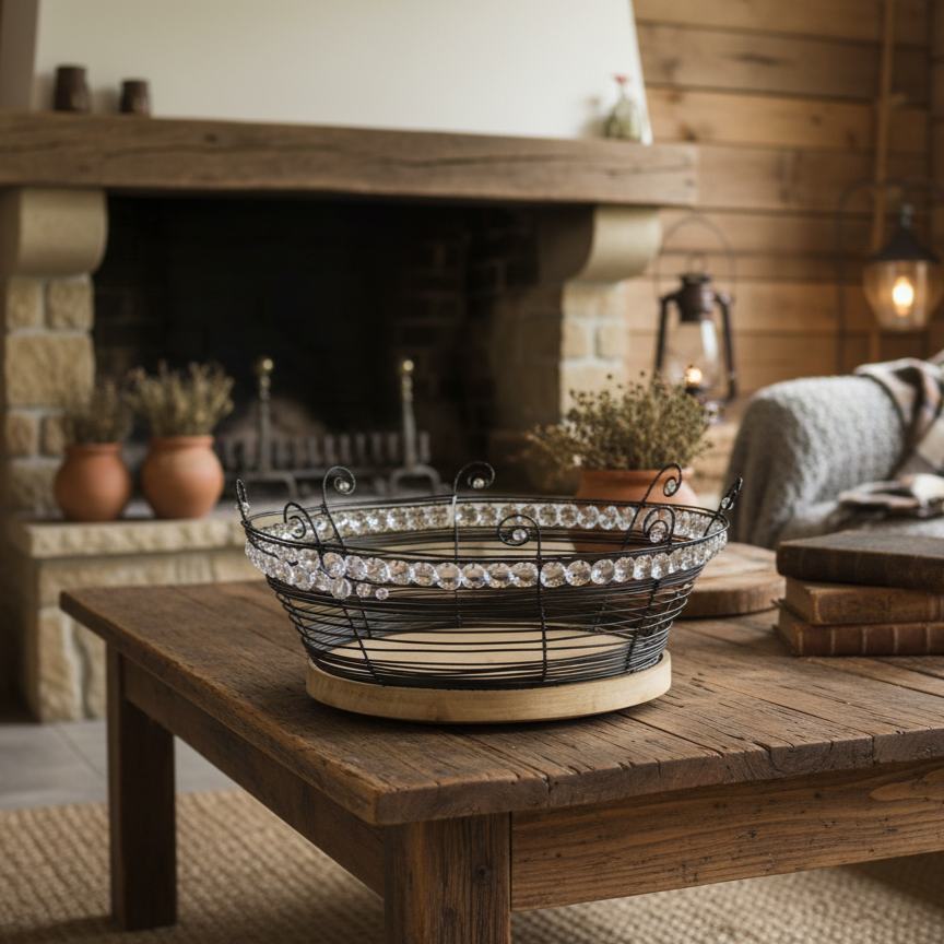 Drátovaná mísa s křišťály na stole