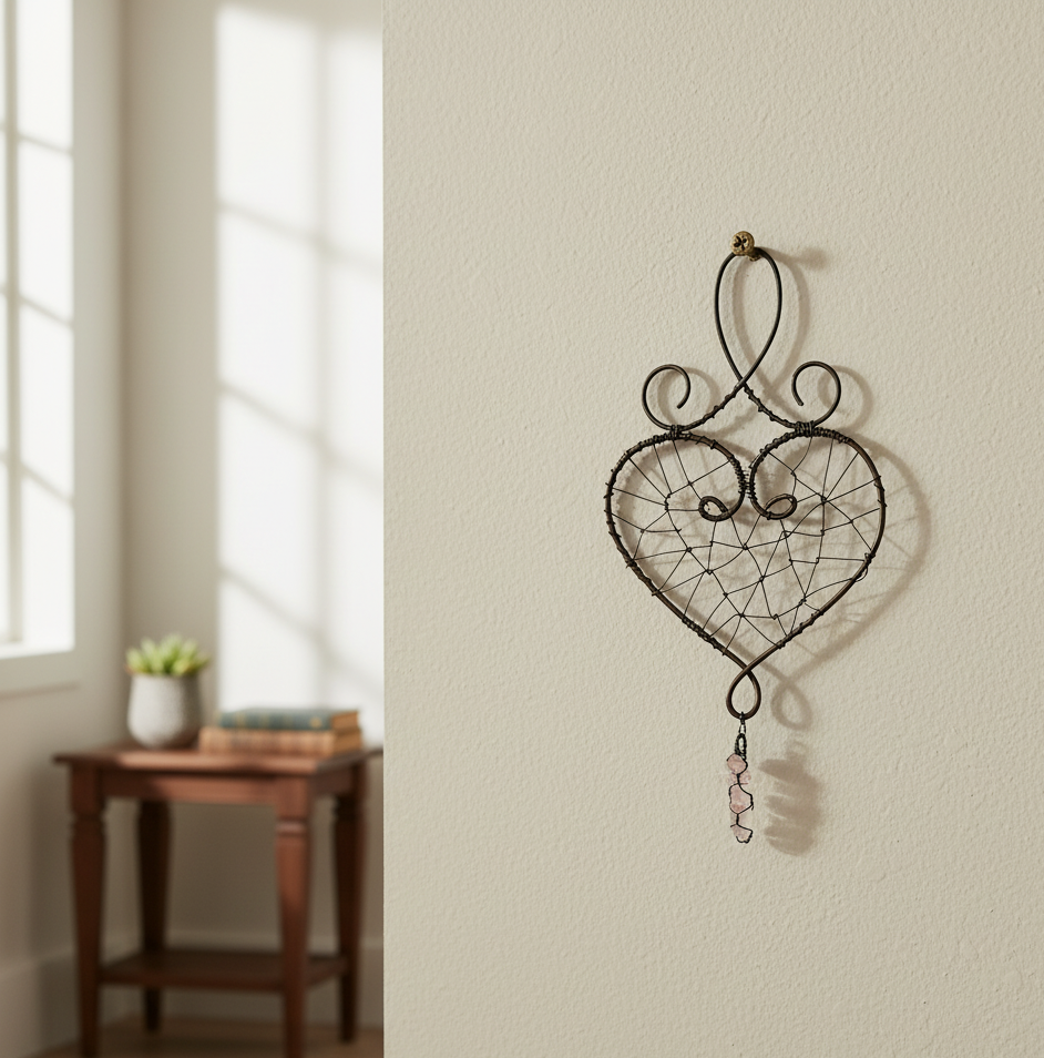 Drátované srdíčko s krystalem pověšené na zdi