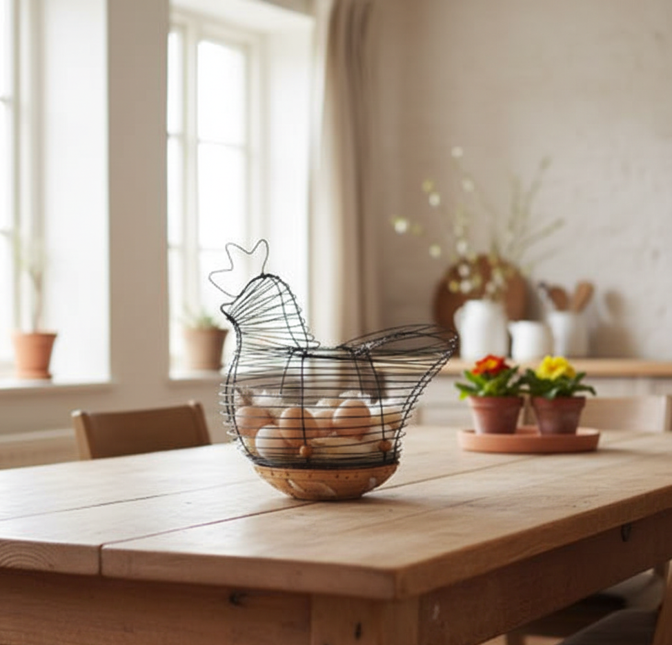 Velikonoční drátovaný koš ve tvaru slepice